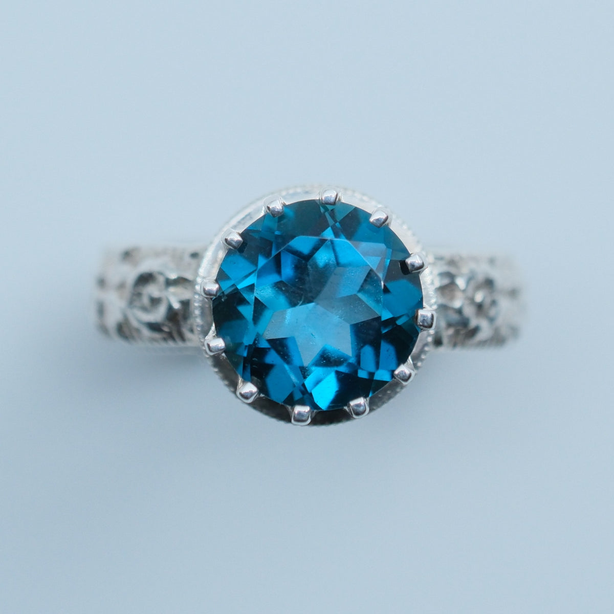 Cocktail Ring with Blue Zircon – handmade sterling silver ring by Matthew Street Jewellery, view 2