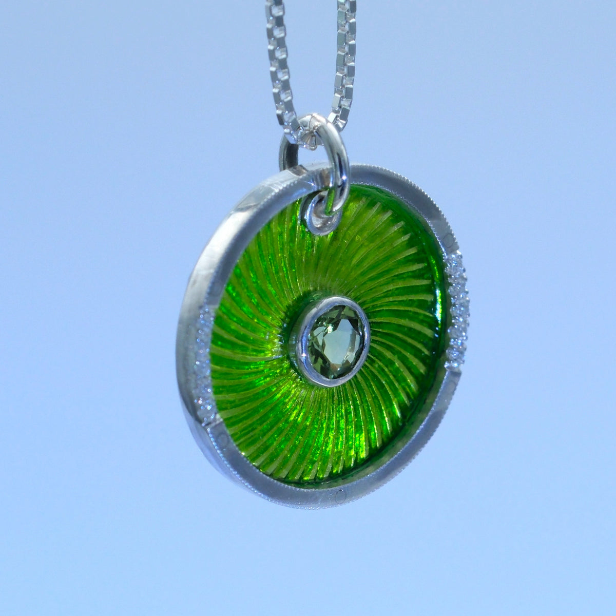 Peridot Swirl – handmade sterling silver pendant by Matthew Street Jewellery, view 2